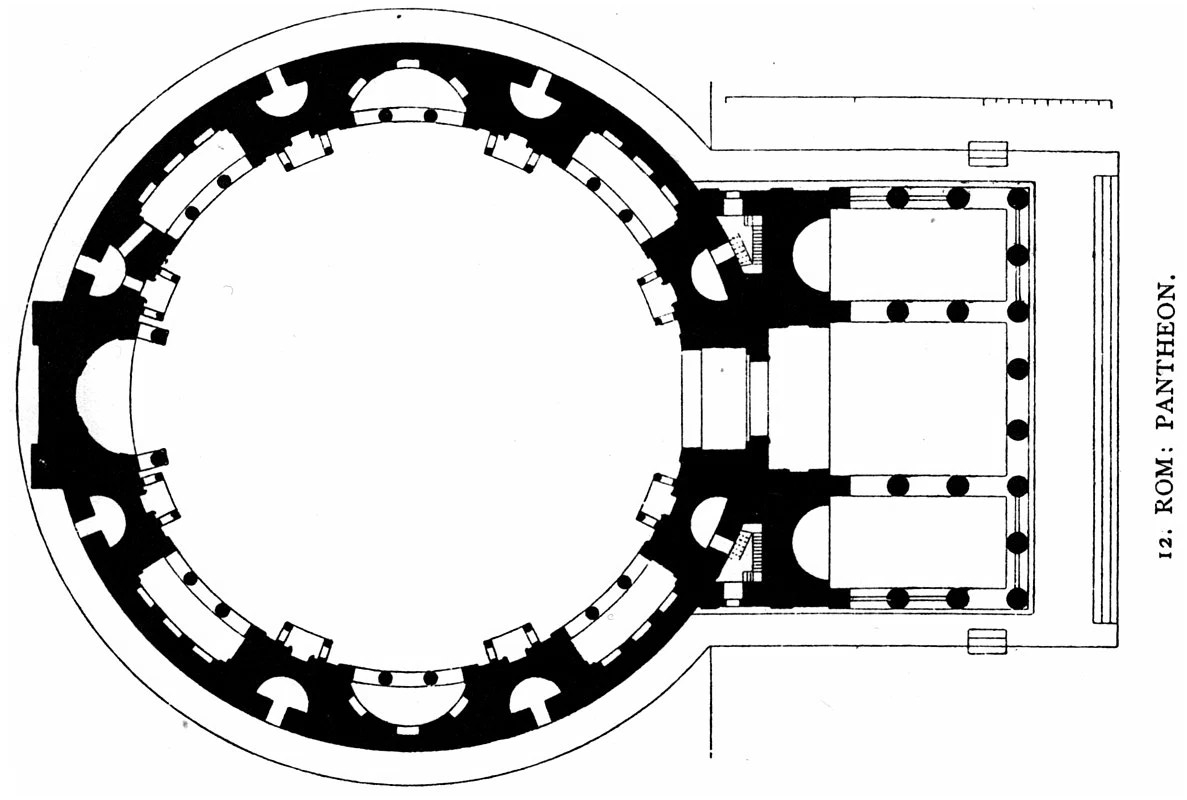 Floor plan of the Roman Pantheon with eight pedestals and seven major chambers